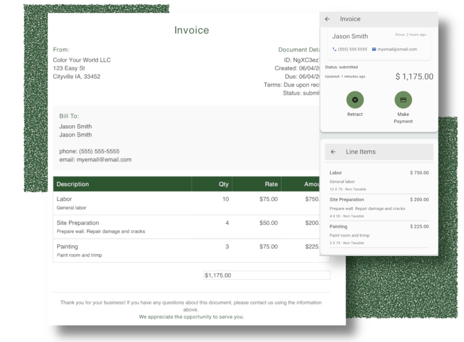 Invoice management showing payment status and client details